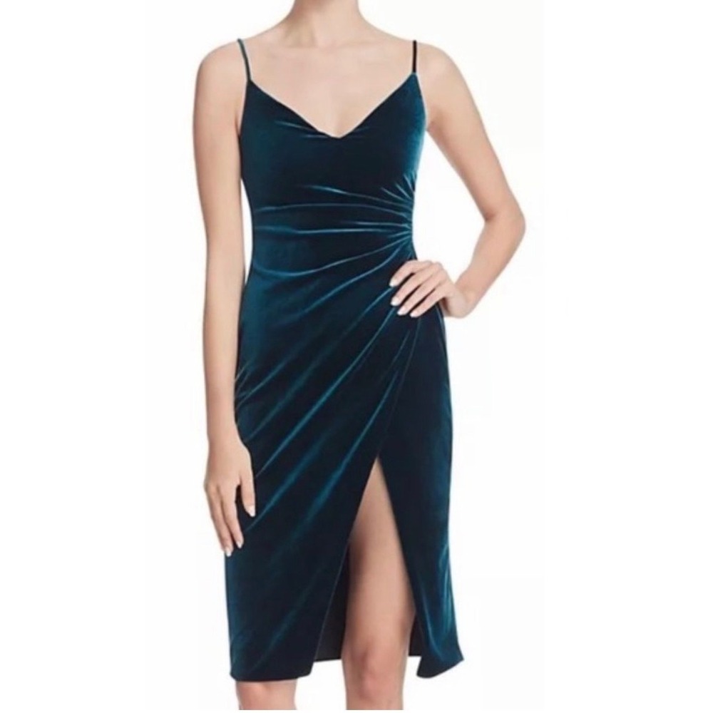 Black Halo Bowery Blue Green Velvet Ruched Wrap Midi Cocktail Dress Size 8